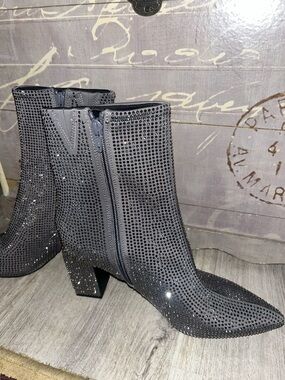 Gray Rhinestone Embellished Ankle Boots with Block Heel